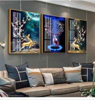 Affiche d'orignal léger de luxe moderne pour chambre, restaurant, hôtel, triple décoration murale, peinture d'animaux en porcelaine en cristal de diamant