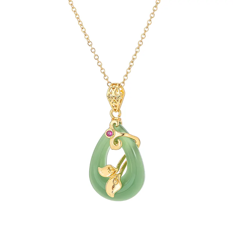 High-end jewelry plated 18K gold stainless steel chain lotus flower around jade jade pendant necklace for women