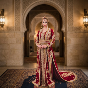 Elegant Embroidered Red Floor Maxi <b>Abaya</b> High Neck Long Sleeve Modest Loose Fit Middle East <b>Wedding</b> Women Polyester Paisley - Product Image 2