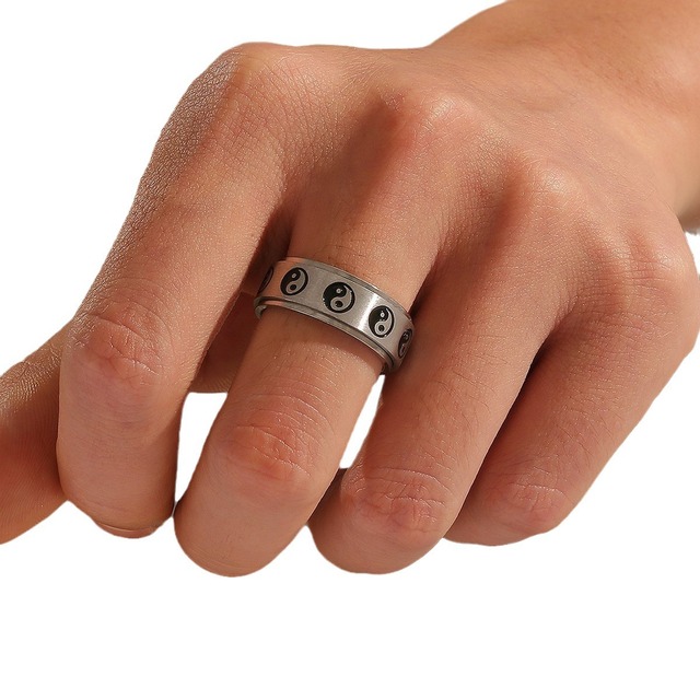Fashion Yin Yang Fidget Anxiety Rotating Rings Tai Chi Spinner Ring 8mm Stress Relieving Stainless Steel Finger Ring