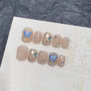 <span class=keywords><strong>Uñas</strong></span> Postizas Cortas Hechas a Mano, <span class=keywords><strong>Uñas</strong></span> Postizas Removibles, Pintadas a Mano con Mariposas Azules, para Uso Diario - Product Image 3
