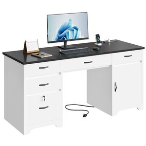 Bureau d'ordinateur moderne blanc avec dessus noir, tiroirs de rangement et armoire pour poste de travail à domicile - Product Image 6
