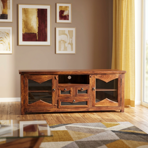 Mueble de TV modular de madera de Sheesham con 2 puertas de vidrio y 3 cajones, hecho a mano para el hogar, hotel o casa de campo. - Product Image 1