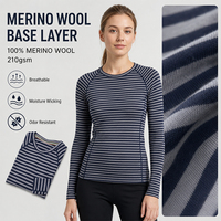 T-shirt de sport à manches longues pour femme en laine rayée, col rond, couche de base, logo personnalisé, doux, chaud, respirant, idéal pour la randonnée