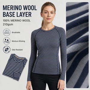 <b>Wool</b> Striped Women's Outdoor Long Sleeve T-Shirt Crew Neck Sports <b>Base</b> <b>Layer</b> Custom Logo Premium Soft Warm Breathable Hiking Tee - Product Image 1