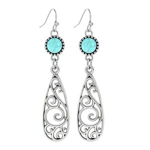 Boucles d'oreilles pendantes tendance pour femmes, style bohème, géométriques, en alliage, plaqué argent antique, avec turquoise, ensemble de bijoux - Product Image 2