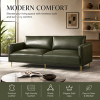 Canapé en cuir vert olive avec pieds dorés, design minimaliste et épuré, confort profond, robuste, élégant, moderne, pour salon