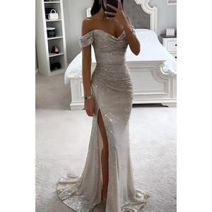 Nouvelles Robes Tendance en Chiffon pour Invitées de <span class=keywords><strong>Mariage</strong></span>, Vente en Gros, pour Femmes, Style Européen et Américain, de Soirée, à Paillettes, Col Bateau, Taille Naturelle, Été - Product Image 3