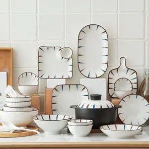 Wholesale Household Japanese Style Vertical Pattern Ceramic Dinner Plates Hand Painted Under-glaze Dinner Plates