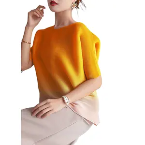 Kadın sarı pilili bluz yaz kademeli renk değişimi moda temel gevşek kısa üst