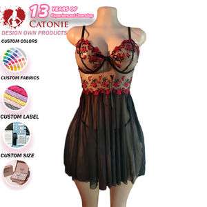 Conjunto de Lencería Sexy de Encaje Transparente, Camisón de Malla con Tirantes, Ropa de Dormir Atractiva para Mujer - Product Image 1