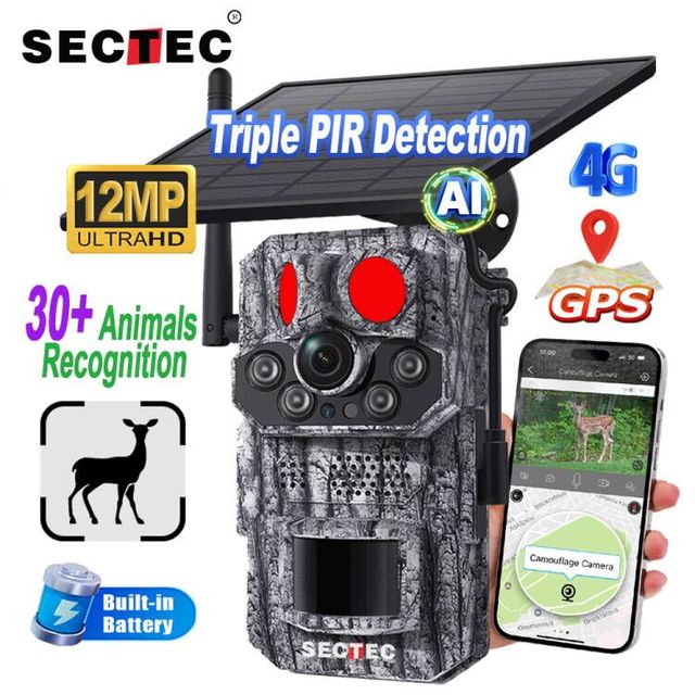 SECTEC GPS 4G LTE Cellular Trail Cameras Solar-Powered Hunting Wild Angle Camera HD 12MP 3PIRS 4G GPS Trail Hunting CCTV Camera