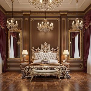 Lit baroque king-size antique classique victorien français Chesterfield capitonné vintage <span class=keywords><strong>en</strong></span> bois sculpté beige marron doré - Product Image 1