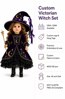 Ensemble de costume de sorcière en velours pour poupée miniature en vinyle de 18 pouces, avec chapeau, bas en dentelle, bottes, baguette magique, tenue victorienne pour Halloween, compatible avec les poupées de 18 pouces