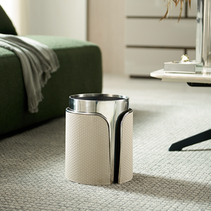 سلال فندقية فاخرة مخصصة من الفولاذ المقاوم للصدأ والجلد، سلة مهملات جلدية منسوجة راقية لدورات المياه في الفنادق - Product Image 5