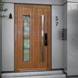 Porta d'Ingresso Minimalista con Venature del Legno Chiare e Finestre Verticali <span class=keywords><strong>in</strong></span> Vetro sul Lato, Porta di Sicurezza - Product Image 3