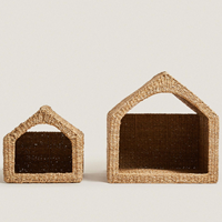 Set van 2 zeegras huisdierenverblijven, rieten honden- en kattenbed, binnenverblijf voor kleine dieren, natuurlijk geweven huisdierenmeubilair met kussen