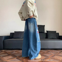Jean unisexe streetwear coupe ample et large, coupe mi-longue, style rétro américain, avec patch brodé et motif écossais, coupe-vent et écoresponsable, pour le marché transfrontalier
