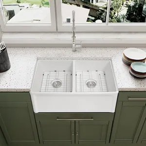 Popular Easy-cleaning Minimalism Style Porcelain Kitchen Double Sinks Wash Basin