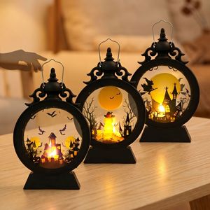 Oferta Especial: Linterna LED Vintage Redonda sin Llama con Escena de Halloween (Murciélago, Castillo, Calabaza) - Adorno de Luz Nocturna - Product Image 1