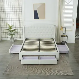 Perabotan kamar tidur cahaya sederhana desain mewah kain double king queen ukuran laci tempat tidur bingkai dengan 4 laci