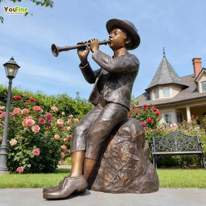 YOUFINE Tamaño Real Jardín al aire libre decoración fundición arte bronce niño tocando flauta estatua escultura - Product Image 1
