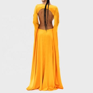 Abito da donna in raso di seta 100%, scollatura audace con schiena scoperta, lunghezza fino al pavimento, splendido abito senza pari, maniche lunghe, maxi abito in pura seta - Product Image 4