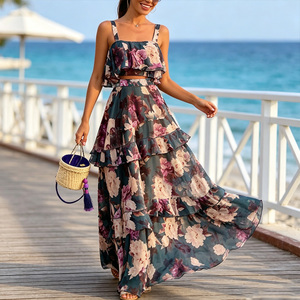 Women Summer Casual Floral Print Two Piece Set Sleeveless Ruffle <b>Crop</b> Tiered Maxi <b>Skirt</b> Breathable Boho Beach Vacation Outfit - Product Image 1