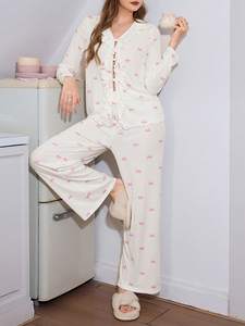 Conjunto de Pijama de Algodón con Estampado de Lazo y Manga Larga, Ropa de Dormir Informal, Pijama de Bambú Personalizado para Mujer - Product Image 2