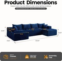 Sofá Modular en Forma de U de Pana Azul Marino a Rayas, Chaise Longue Doble Moderno Relleno de Esponja para Sala de Estar, Apartamento, Escuela