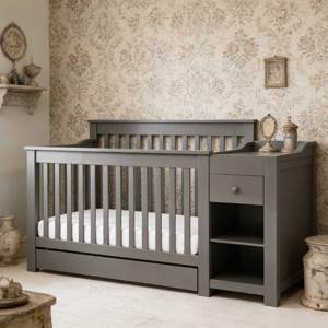 Lit bébé en bois massif de grande taille, blanc, en MDF, lit bébé en bois pour enfants, lit pliant avec tiroirs de rangement - Product Image 3