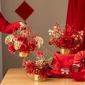 Arreglo Floral Artificial con Base de Metal Roja, Flores de Seda, Decoración de Año Nuevo Chino, Decoración Interior para el Hogar - Product Image 2