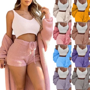 Women's Plush 3-Piece Loungewear Set Fleece Long Sleeve Crop <b>Top</b> Shorts Sleepwear Casual Wear For Winter Comfortable Home Outfit - Product Image 1
