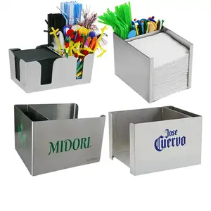 Promotional Napkin Holder Stainless Steel Bar Caddy Organizer Garnish Tray With Printed Logo