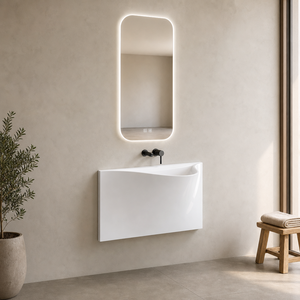Lavabo a parete con miscelatore a incasso e bordo superiore integrale per progetti di bagni e hotel - Product Image 1