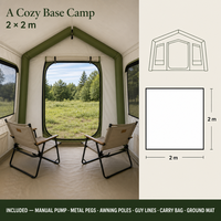 Tente cabane gonflable d'été 2x2m avec auvent, fenêtres en maille sur 3 côtés, tissu Oxford 300D blanc cassé avec garnitures vertes