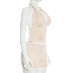 Viviblook Y26ST031 Conjunto de verano para mujer, chaleco sin mangas con nudo, pantalones cortos, conjunto de dos piezas - Product Image 3