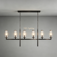 Suspension linéaire pour îlot de cuisine, cadre en laiton antique, abat-jour en verre cylindrique transparent, 6 lumières, lampe suspendue à bougies, éclairage LED