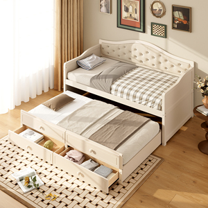 Tempat Tidur Ganda Ukuran Trundle dengan 2 Laci Penyimpanan, Sofa Kayu Berlapis Kain dengan Sandaran Berumbai Kancing, untuk Ruang Tamu, Kamar Tidur, dan Kamar Tamu - Product Image 1
