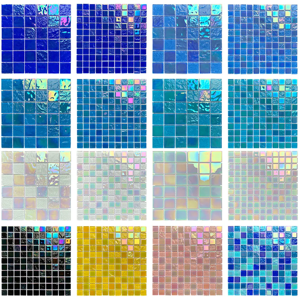 Luxurious iridescent mosaic tiles bathroom shower wall crystal rainbow white blue swimming pool tiles glass mosaic