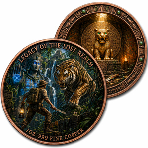 Moneda de Cobre Fino .999 de 1oz, Medallón Coleccionable de Arte de Ruinas Antiguas con Tigre Gigante, Explorador del Reino Perdido - Product Image 3
