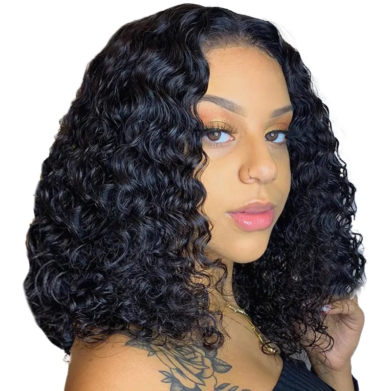 Black Wig Short Curly Hair Brazilian Wavy Front Lace Wigs Hair Women's Wavy 13*4 Lace Frontal Heat Resistant Short Curly Wig