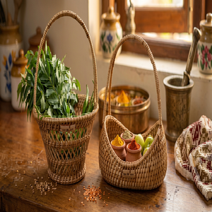 Handwoven rattan market <b>baskets</b> featuring high arched carrying <b>handles</b> for fresh produce, available at wholesale prices. - Product Image 1