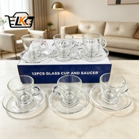 Set Cangkir Kopi dan Piring Kaca Bening 6 Buah Populer dengan Gagang, Mug Teh untuk Espresso Latte dan Peralatan Meja Kafe Rumah