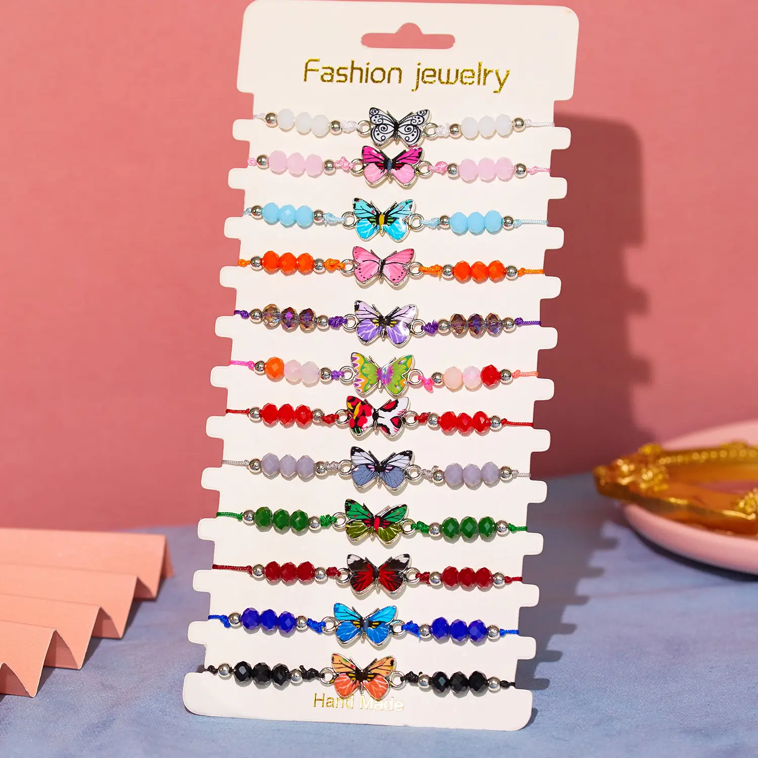 Ensemble de bracelet animal papillon en pierre de cristal mixte multicolore de style bohème 12 bijoux de bracelet ajustables tissés