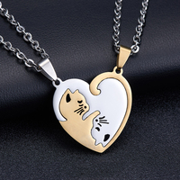 Cadeau de saint-valentin 2 pièces/paire pendentif coeur rond meilleur ami Couples acier inoxydable assorti Yin Yang collier de chat bijoux