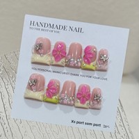 Ongles à presser pré-dessinés, style bec de canard, faits main, avec sculptures 3D, style français, blocs de couleurs rose-vert et accents diamantés – Meilleures ventes