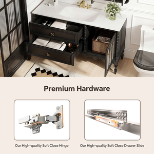 Meuble-lavabo de salle de bain 48-92 pouces avec lavabo simple/double, meuble-lavabo autoportant rétro français avec miroir intelligent anti-buée/miroir-étagère - Product Image 2