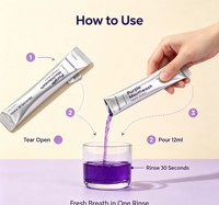 Nouveau 2026 – Sachet individuel de bain de bouche violet sans alcool, menthe fraîche, blanchissant, avec logo personnalisé, vente en gros, OEM