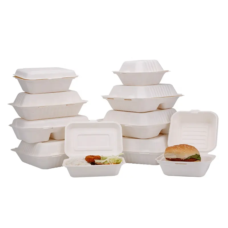 Concha de concha para llevar comida, bagazo desechable biodegradable y pulpa de bambú, papel rectangular blanco o Natural